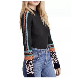 Free People Switch It Up Black Knit Thermal Top Crochet Sleeve Fairy Boho Medium